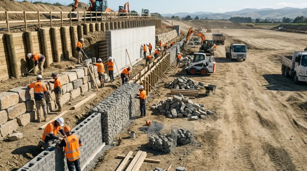 Construction crew building concrete block walls and retaining walls Hawkes Bay on a commercial site.
