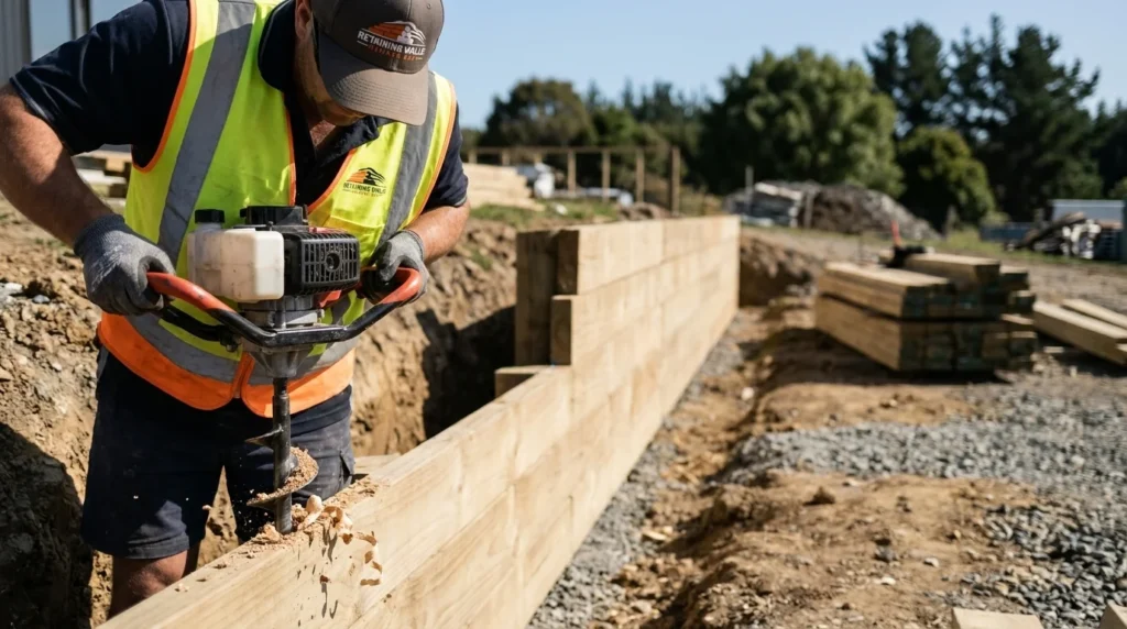 A worker uses an auger to build durable timber retaining walls Hawkes Bay.