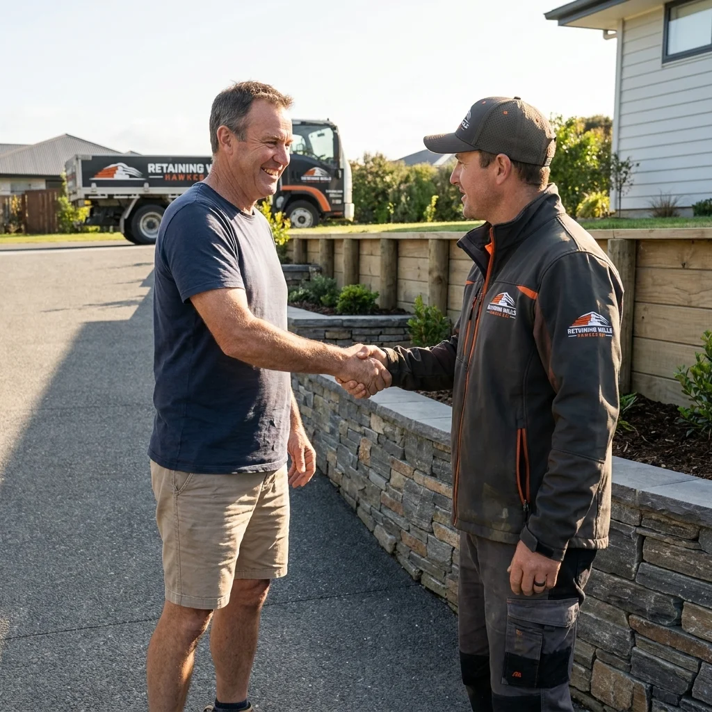 A satisfied client shakes hands with the professional installer of their retaining walls Hawkes Bay project.