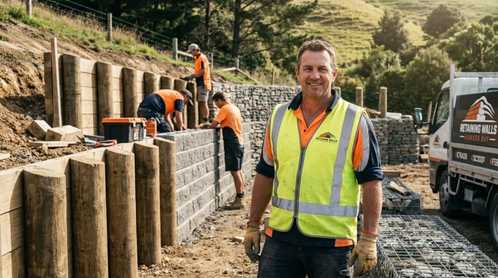 Lead installer on site for retaining walls Hawkes Bay construction, ready to answer client FAQs.