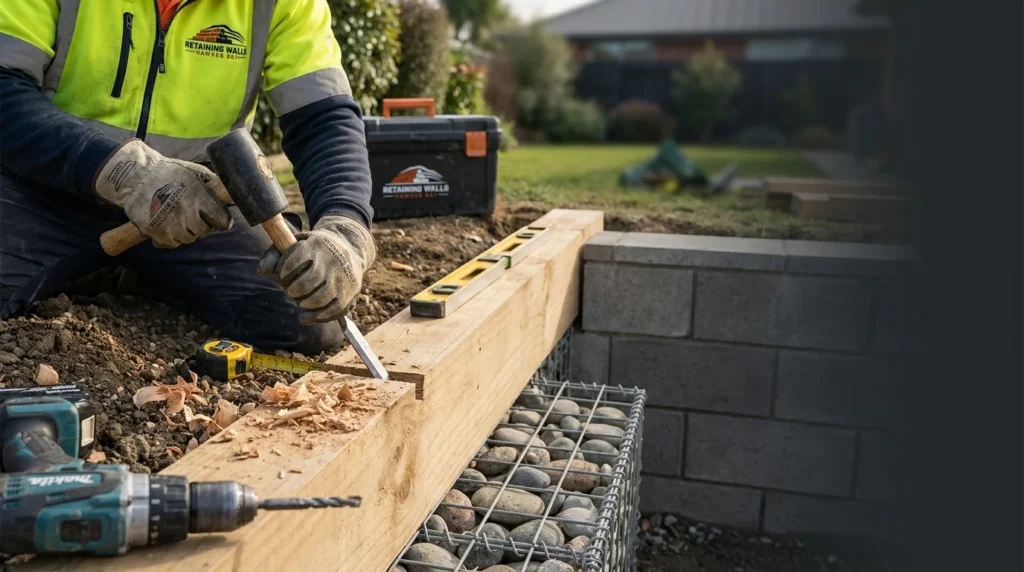Craftsman performing precise timber work during retaining walls Hawkes Bay installation.