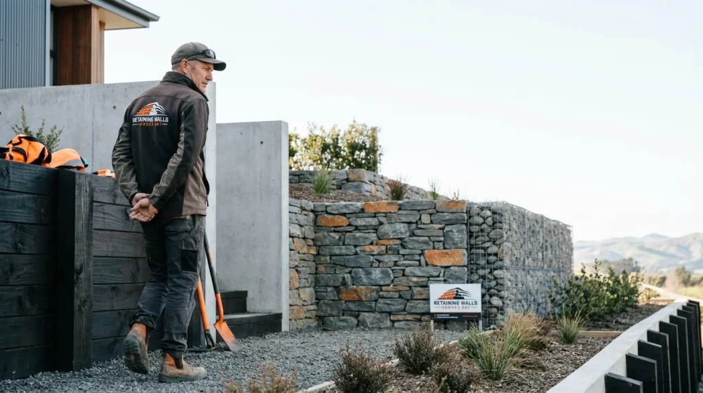 A specialist inspecting premium retaining walls Hawkes Bay, showcasing years of installation experience.